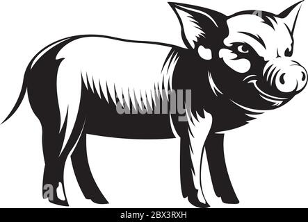 Schweinefleisch oder Schwein Silhouette Vintage Logo Design Vorlage auf weißem Hintergrund - Hand gezeichnete Vektor-Illustration im Retro-Stil. Schwarzes Emblem oder Symbol des Stock Vektor