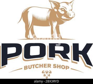 Metzgerei Vintage Logo Design Vorlage mit Schweinefleisch oder Schwein Silhouette isoliert auf weißem Hintergrund - Hand gezeichnete Vektor-Illustration im Retro-Stil. Los Stock Vektor