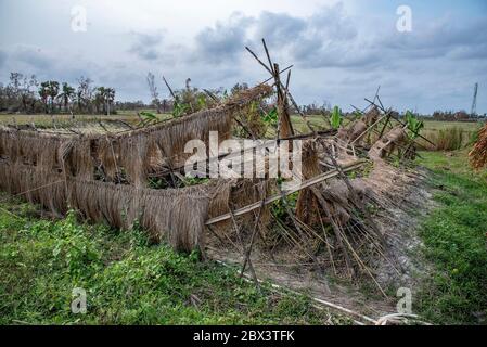 Ein Kaleidoskop der gegenwärtigen Lebenssituation nach 2 Wochen Amphan. Der Wirbelsturm Amphan traf am 20. Mai mit heftigen Regenfällen, einer massiven Sturmflut und anhaltenden Winden von 170 Kilometern (105 Meilen) pro Stunde und Böen von bis zu 190 km/h (118 mph). Es ging direkt durch die Sundarbans und zerstörte es. Das Sundarban Delta hat 102 Inseln, von denen 54 bewohnt sind.der Sturm war verheerend für die Millionen, die in den Sundarbans leben. Schlammhäuser wurden weggefegt, Böschungen zerstört und Bauernhöfe wurden von Salzwasser überschwemmt, das sie für den Anbau untauglich machte. (Foto von Amlan Biswas/Pacific Stockfoto