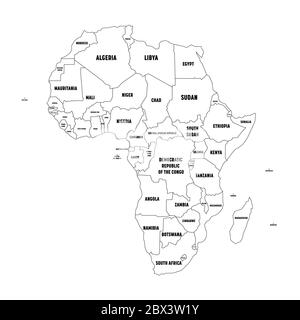 Politische Karte des Kontinents Arfica. Einfache schwarze Drahtrahmen-Umriss mit nationalen Grenzen und Ländernamen-Etiketten auf weißem Hintergrund. Vektorgrafik. Stock Vektor