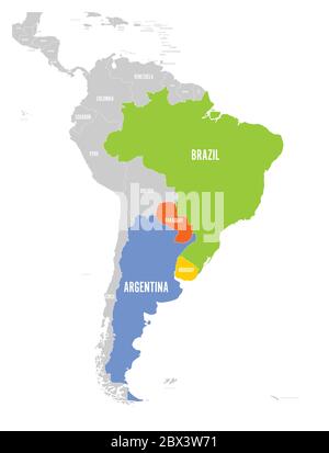 Karte von MERCOSUR-Ländern. südamerikanische Handelsvereinigung. Hervorgehoben wurden die Mitgliedstaaten Brasilien, Paraguay, Uruguay und Argetina. Seit Dezember 2016. Stock Vektor