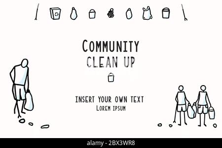 Community Clean Up Flyer mit Stick Figuren Papierkorb sammeln. Konzept von Save the Planet. Icon Motiv für Umwelt-Tag der Erde Freiwilliger Einladung Stock Vektor