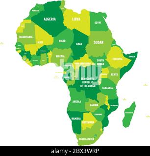 Politische Karte von Afrika in vier Grüntönen mit weißen Ländernamen-Etiketten auf weißem Hintergrund. Vektorgrafik. Stock Vektor