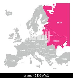 Ehemalige Union der Sozialistischen Sowjetrepubliken, UdSSR, Russland, Ukraine, Weißrussland, Estland, Lettland, Litauen und Moldawien rosa in der politischen Karte Europas hervorgehoben. Vektorgrafik. Stock Vektor