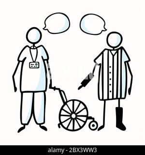 Hand gezeichnete Stab Figur ordentlich & Patient mit gebrochenem Bein , Arm in Gips. Sprechblase Und Drehstuhl. Konzept Krankenhausversorgung. Cartoon-Symbol für Stock Vektor