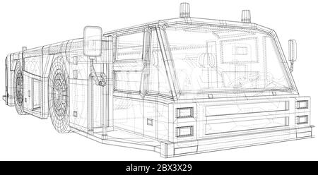 Flugzeug Abschleppwagen. Drahtrahmen. Schlepper Fahrzeug Vektor Illustration Transport im Flughafen. Die Schichten von sichtbaren und unsichtbaren Linien werden getrennt. EPS1 Stock Vektor