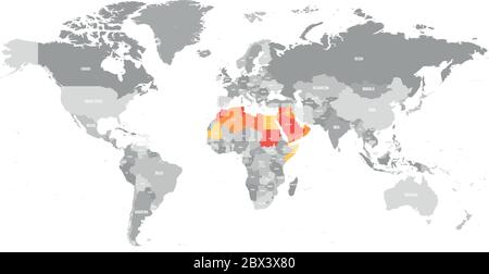 Arabische Welt Staaten politische Karte mit erhellten 22 arabischsprachigen Ländern der Arabischen Liga in der Karte der Welt. Nordafrika und Naher Osten. Vektorgrafik. Stock Vektor