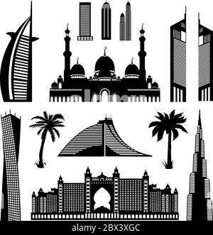 Vereinigte Arabische Emirate Dubai architektonische Denkmäler gesetzt, Abu Dhabi Wahrzeichen detaillierte Umrisse Silhouette. Vektorgrafik isoliert auf weiß. Perfekte Stock Vektor