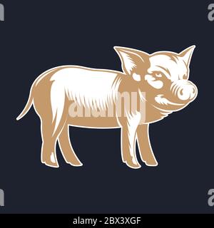 Schweinefleisch oder Schwein Silhouette Vintage Logo Design Vorlage auf schwarzem Hintergrund - Hand gezeichnete Vektor-Illustration im Retro-Stil. Gold und weißes Emblem, Abzeichen, Stock Vektor