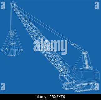 Dragline für den Kohlebergbau. Der Eimer ist riesig. Die Ebenen der sichtbaren und unsichtbaren Linien werden getrennt. Drahtrahmen. Stock Vektor