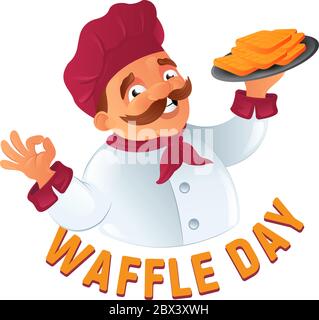 Kochend mustachioed Koch im Kochmütze mit belgischen Waffeln auf einem Teller zum Happy Waffle Day. Cartoon Vektor-Illustration isoliert auf weißem Hintergrund Stock Vektor