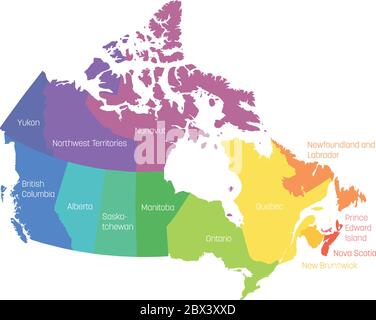 Karte von Kanada in 10 Provinzen und 3 Territorien aufgeteilt. Verwaltungsregionen Kanadas. Mehrfarbige Karte mit Etiketten. Vektorgrafik. Stock Vektor