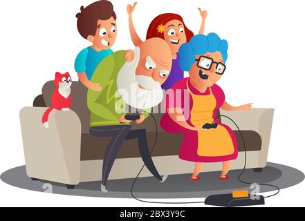 Niedliche glückliche Familie Porträt mit Happy Großeltern und Enkelkindern spielen Videospiel-Konsole auf dem Sofa zusammen. Großeltern' Day Vektor Cartoon krank Stock Vektor