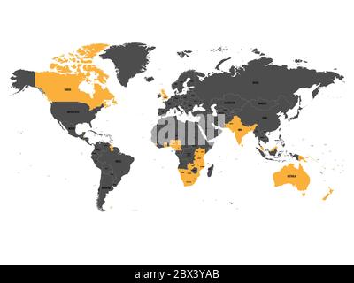 Mitgliedstaaten des British Commonwealth sind auf der Weltkarte orange hervorgehoben. Vektorgrafik. Stock Vektor