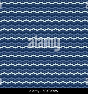 Indigo Denim Blau Chevron Stripe Textur Hintergrund. Wasser Wellen Nahtloses Muster. Wellige Linien für Kelim Edge Japanisches Farbdesign Maskuliner Textil