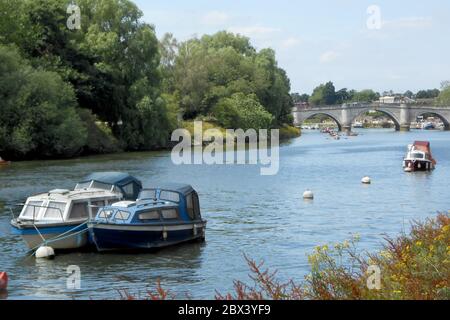 Boote, die auf dem Fluss in Richmond-upon-Thames, Großbritannien, festgemacht sind Stockfoto