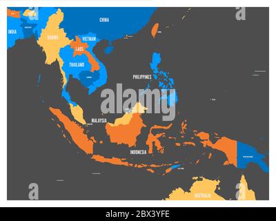 Politische Karte Südostasiens in vier Farben mit weißen Ländernamen. Einfache flache Vektorgrafik. Stock Vektor