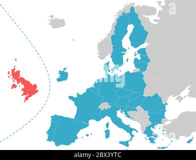 Brexit-Themenkarte - Europakarte mit hervorgehobenen EU-Mitgliedsstaaten und Großbritannien in verschiedenen Farben. Vektorgrafik. Vereinfachte Karte der Europäischen Union. Stock Vektor