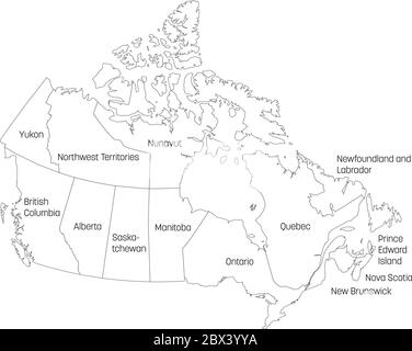 Karte von Kanada in 10 Provinzen und 3 Territorien aufgeteilt. Verwaltungsregionen Kanadas. Weiße Karte mit schwarzer Umrandung und schwarzen Bezeichnungen für die Region. Vektorgrafik. Stock Vektor