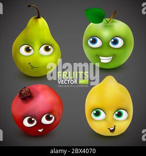 Set von Lustige und niedliche Cartoon-Früchte auf dunkelgrauem Hintergrund: Zitrone, Apfel, Birne, Granatapfel. Vektor-Illustration mit Maskottchen-Zeichen. Perfekt für Stock Vektor