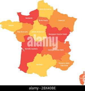 Karte von Frankreich in 13 administrative Metropolregionen, seit 2016 geteilt. Warme Farben. Vektorgrafik. Stock Vektor