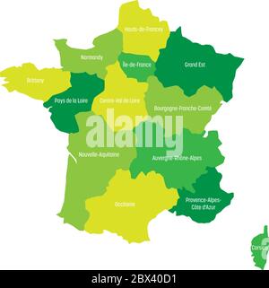 Karte von Frankreich in 13 administrative Metropolregionen, seit 2016 geteilt. Vier Grüntöne. Vektorgrafik. Stock Vektor