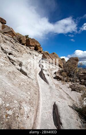 NM0000498-00...NEW MEXICO - Pfad in den weichen Felsen geschnitten durch die Füße des Vorfahren Puebloan in der Tsankawi Bereich des Bandelier National Monument. Stockfoto