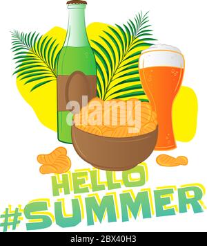 Hallo Sommer beliebten Hashtag. Fast Food Vektor Aufkleber mit Blatt - Flasche, Glas Bier, Chips isoliert auf weißem Hintergrund. Toll für Print de Stock Vektor