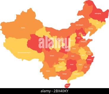 Regionale Karte der Verwaltungsprovinzen von China. Vier Schattierungen von Orange mit weißen Etiketten auf weißem Hintergrund. Vektorgrafik. Stock Vektor