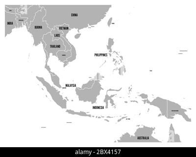 Politische Karte Südostasiens. Graues Land auf weißem Hintergrund mit schwarzen Ländernamen Etiketten. Einfache flache Vektorgrafik. Stock Vektor