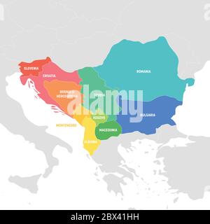 Region Südosteuropa. Bunte Karte der Länder der Balkanhalbinsel. Vektorgrafik. Stock Vektor