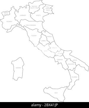 Karte von Italien in 20 Verwaltungsregionen unterteilt. Weißes Land, schwarze Ränder und schwarze Etiketten. Einfache flache Vektorgrafik. Stock Vektor