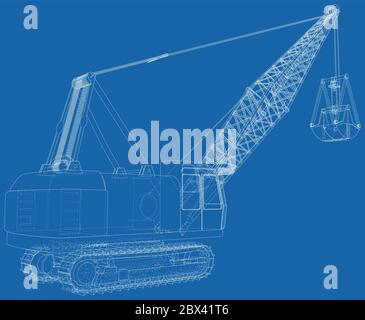 Bergbaumaschine. Die Maschine der Steinbruchbergbauarbeiten. Die Ebenen der sichtbaren und unsichtbaren Linien werden getrennt. Umriss des Drahtrahmens. Stock Vektor