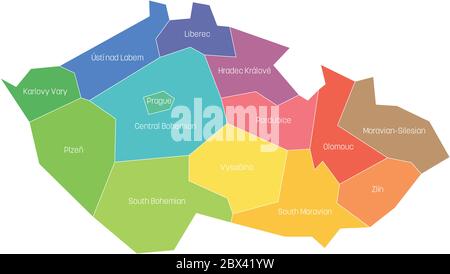 Regionen der Tschechischen Republik. Karte der regionalen Landesverwaltungsbereiche. Farbenfrohe Vektorgrafik. Stock Vektor