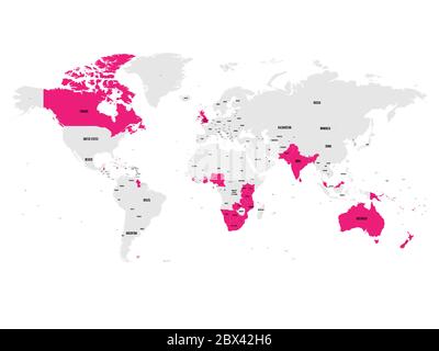 Die Mitgliedstaaten des British Commonwealth sind auf der Weltkarte rosa hervorgehoben. Vektorgrafik. Stock Vektor