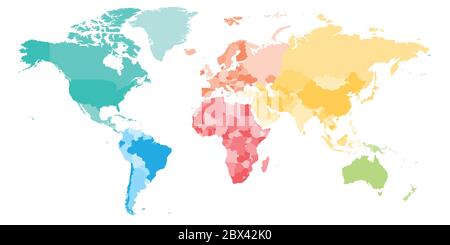 Bunte politische Karte der Welt in sechs Kontinente unterteilt. Leere Vektorkarte in Regenbogenfarben. Stock Vektor