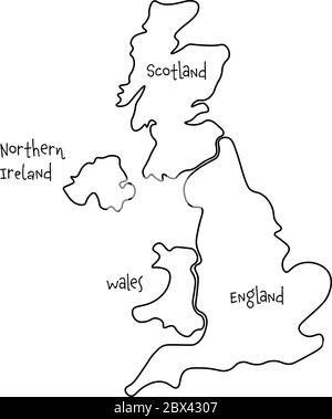 Großbritannien, auch bekannt als Großbritannien, von Großbritannien und Nordirland handgezeichnete leere Karte. Aufgeteilt in vier Länder - England, Wales, Schottland und NI. Einfache flache Vektorgrafik. Stock Vektor