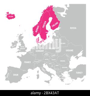 Die skandinavischen Staaten Dänemark, Norwegen, Finnland, Schweden und Island sind auf der politischen Karte Europas rosa hervorgehoben. Vektorgrafik. Stock Vektor