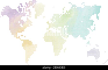 Gepunktete Weltkarte. Farbenfrohes Halbtondesign. Einfache flache Vektorgrafik. Stock Vektor