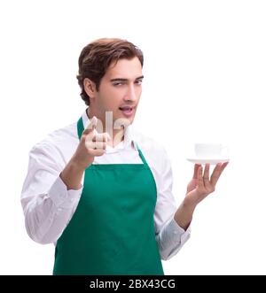 Der junge Barista auf weißem Hintergrund Stockfoto