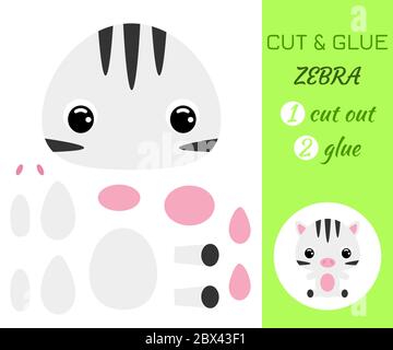 Schneiden und kleben Baby sitzenden Zebra. Farbe Papier Anwendung Spiel. Pädagogisches Papier Spiel für Kinder im Vorschulalter. Afrikanisches Tier. Zeichentrickfigur. Flach Stock Vektor