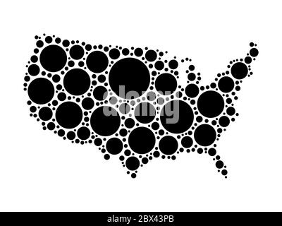 Karte von Vereinigte Staaten von Amerika oder USA. Mosaik aus schwarzen Punkten in verschiedenen Größen auf weißem Hintergrund. USA Karte modernes Design Hintergrund. Stock Vektor