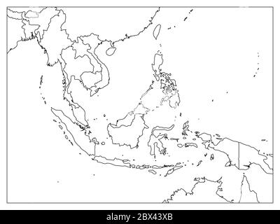 Politische Karte Südostasiens. Schwarze Umrandung auf weißem Hintergrund mit schwarzen Ländernamen-Etiketten. Einfache flache Vektorgrafik. Stock Vektor