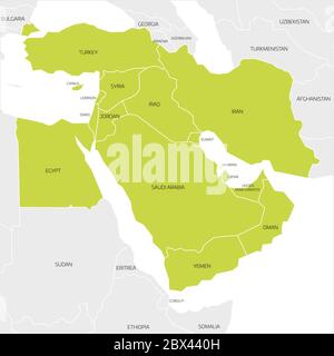 Karte der Region Naher Osten oder Naher Osten transkontinentalen mit grün hervorgehoben Westasien Länder, Türkei, Zypern und Ägypten. Flache Karte mit dünnen weißen Statusgrenzen. Stock Vektor