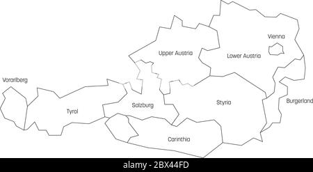 Bundesstaaten Österreichs. Karte der regionalen Landesverwaltungsbereiche. Farbenfrohe Vektorgrafik. Stock Vektor