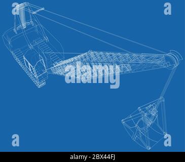 Dragline für den Kohlebergbau. Der Eimer ist riesig. Die Ebenen der sichtbaren und unsichtbaren Linien werden getrennt. Drahtrahmen. Stock Vektor