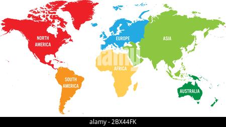 Weltkarte in sechs Kontinente unterteilt. Jeder Kontinent in verschiedenen Farben. Einfache flache Vektorgrafik. Stock Vektor