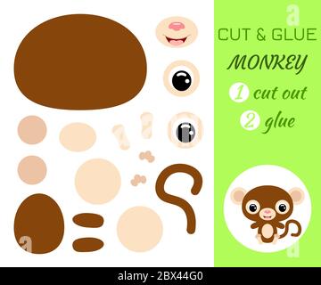 Schneiden und kleben Baby sitzenden Affen. Farbe Papier Anwendung Spiel. Pädagogisches Papier Spiel für Kinder im Vorschulalter. Afrikanisches Tier. Zeichentrickfigur. Flach Stock Vektor