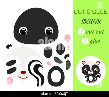 Schneiden und kleben Baby sitzenden Skunk. Farbe Papier Anwendung Spiel. Pädagogisches Papier Spiel für Kinder im Vorschulalter. Waldtier. Zeichentrickfigur. Flach V Stock Vektor