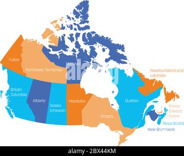 Karte von Kanada in 10 Provinzen und 3 Territorien aufgeteilt. Verwaltungsregionen Kanadas. Mehrfarbige Karte mit Etiketten. Vektorgrafik. Stock Vektor